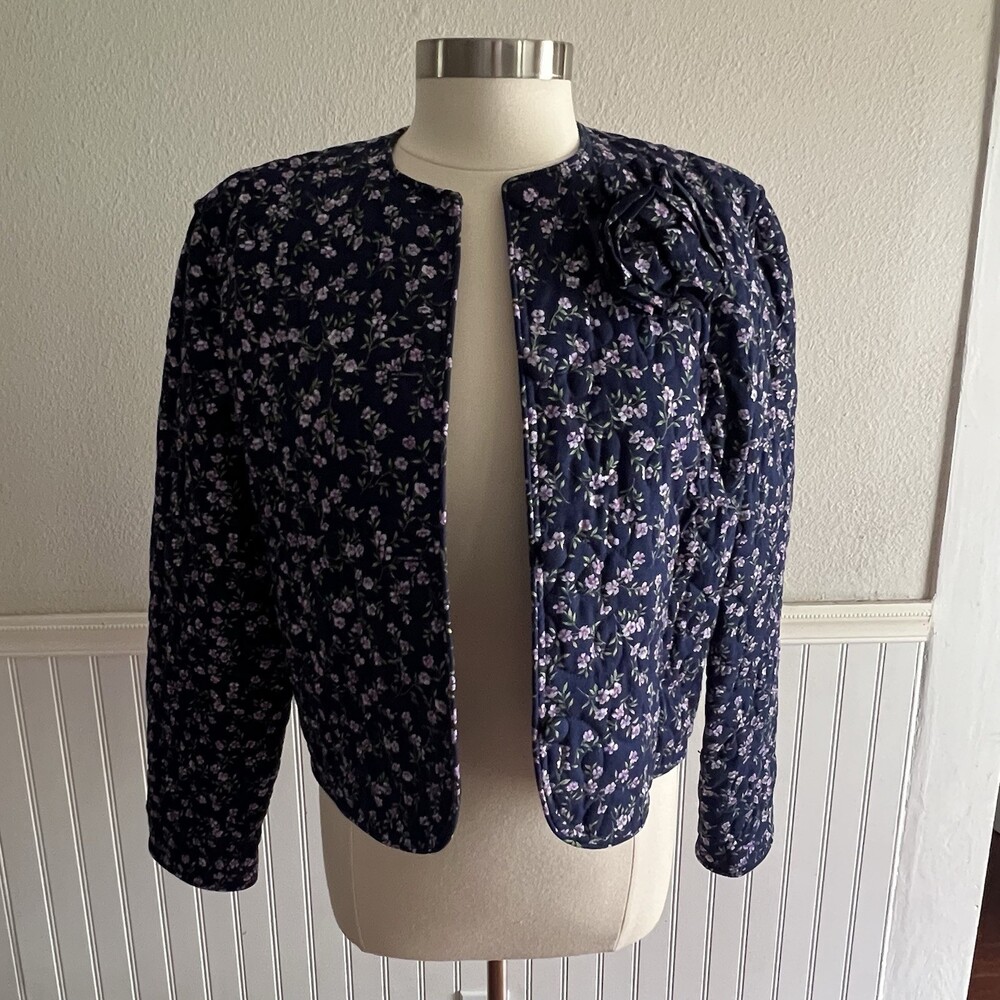 Vintage 80s 90s Quilted Jacket and Maxi Skirt Set Cottage Navy Purple Floral L - Picture 4 of 16